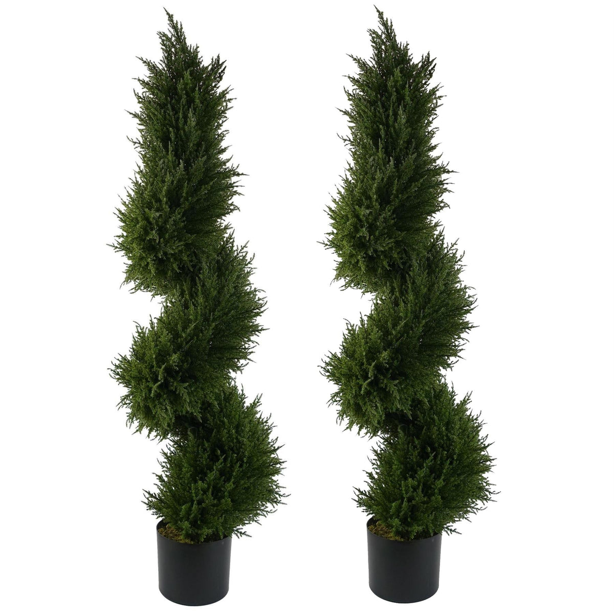 Pair of 120cm artificial spiral cypress topiary trees in weighted nursery pots