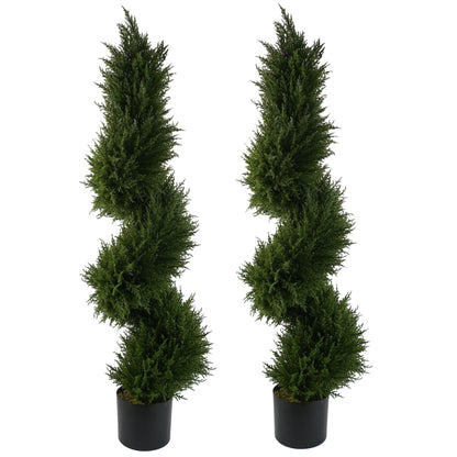 Pair of 120cm artificial spiral cypress topiary trees in weighted nursery pots