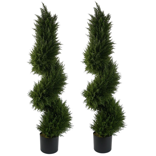 Pair of 120cm artificial spiral cypress topiary trees in weighted nursery pots
