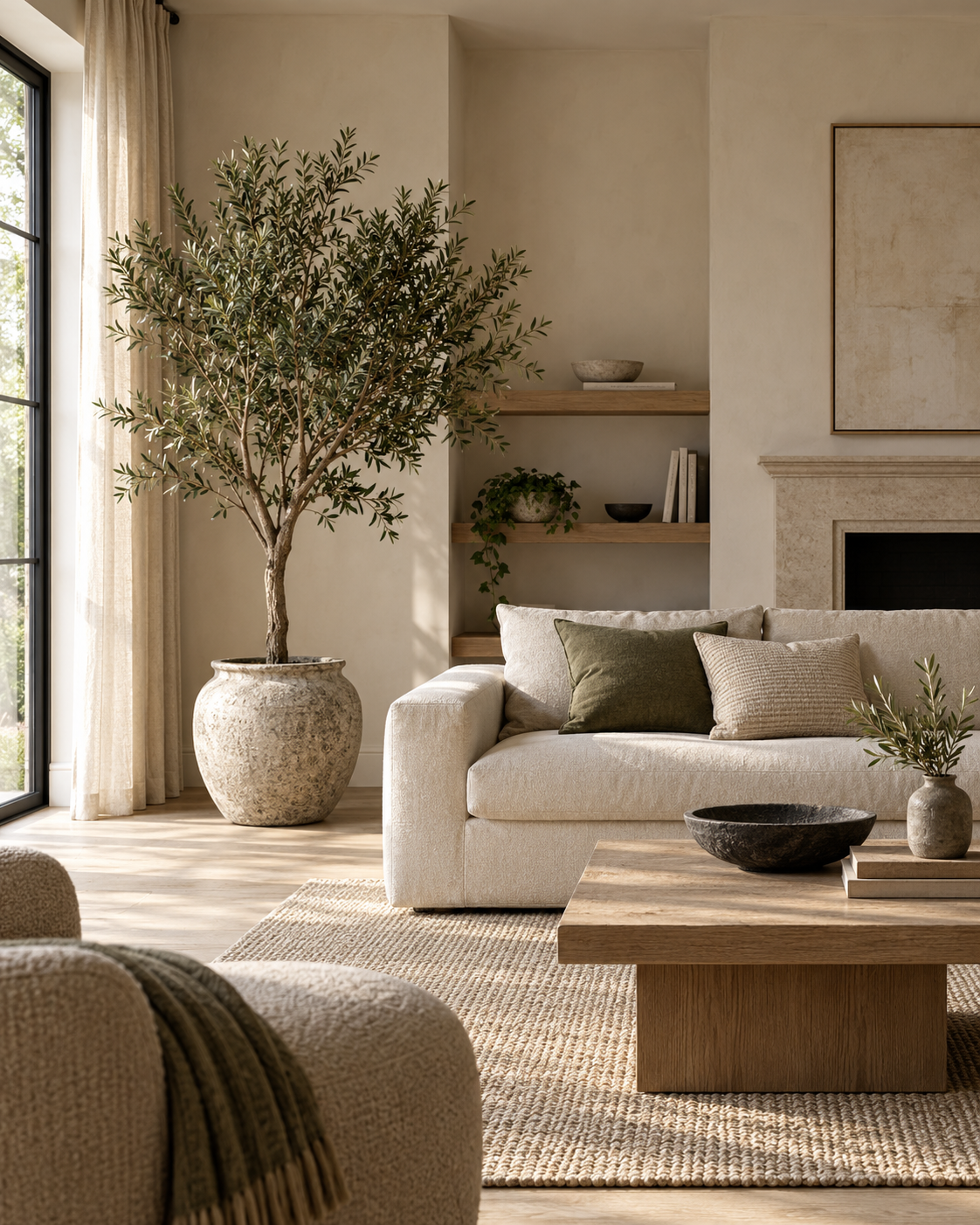Artificial olive tree in a warm furnished interior