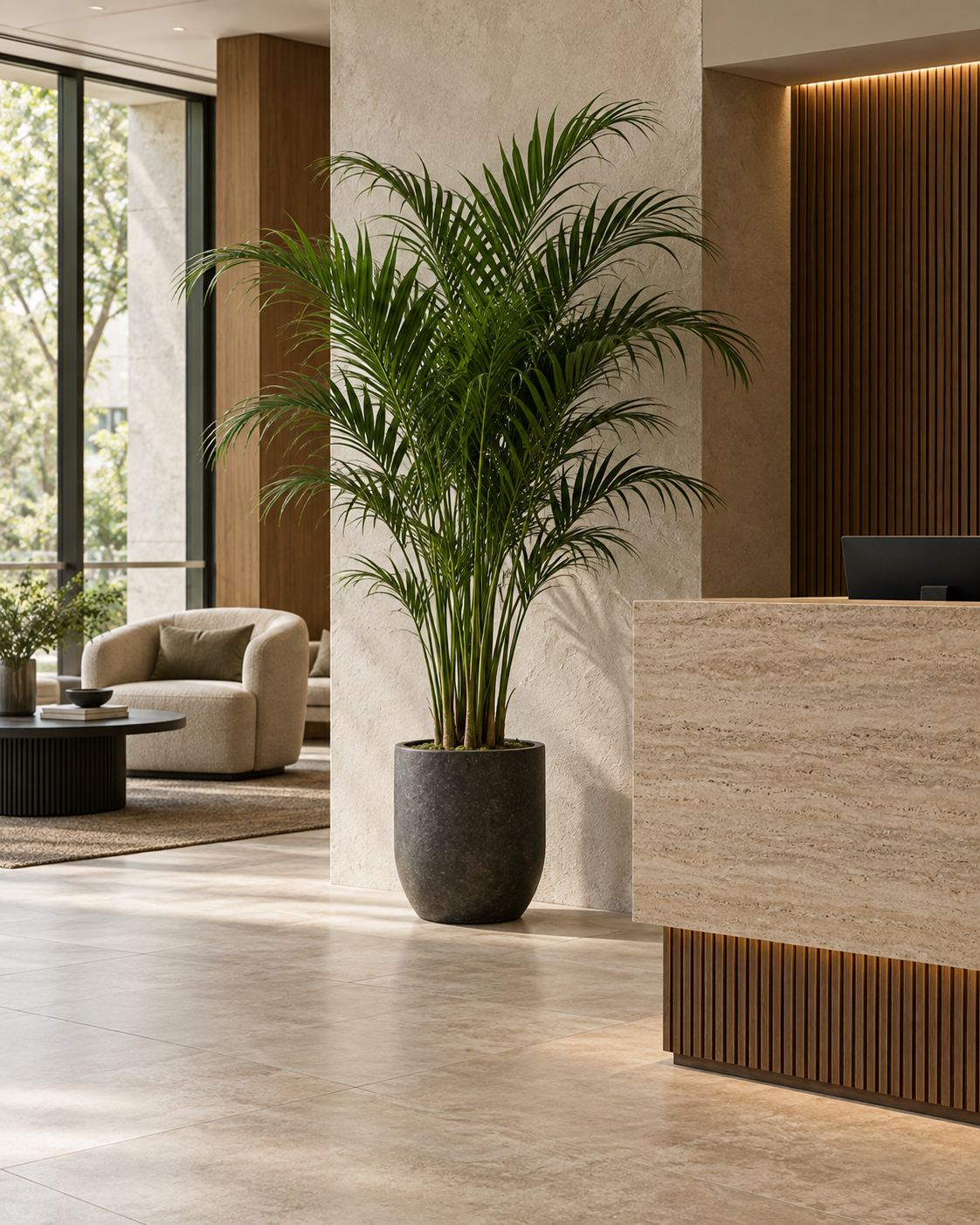 Artificial palm tree in a contemporary reception space