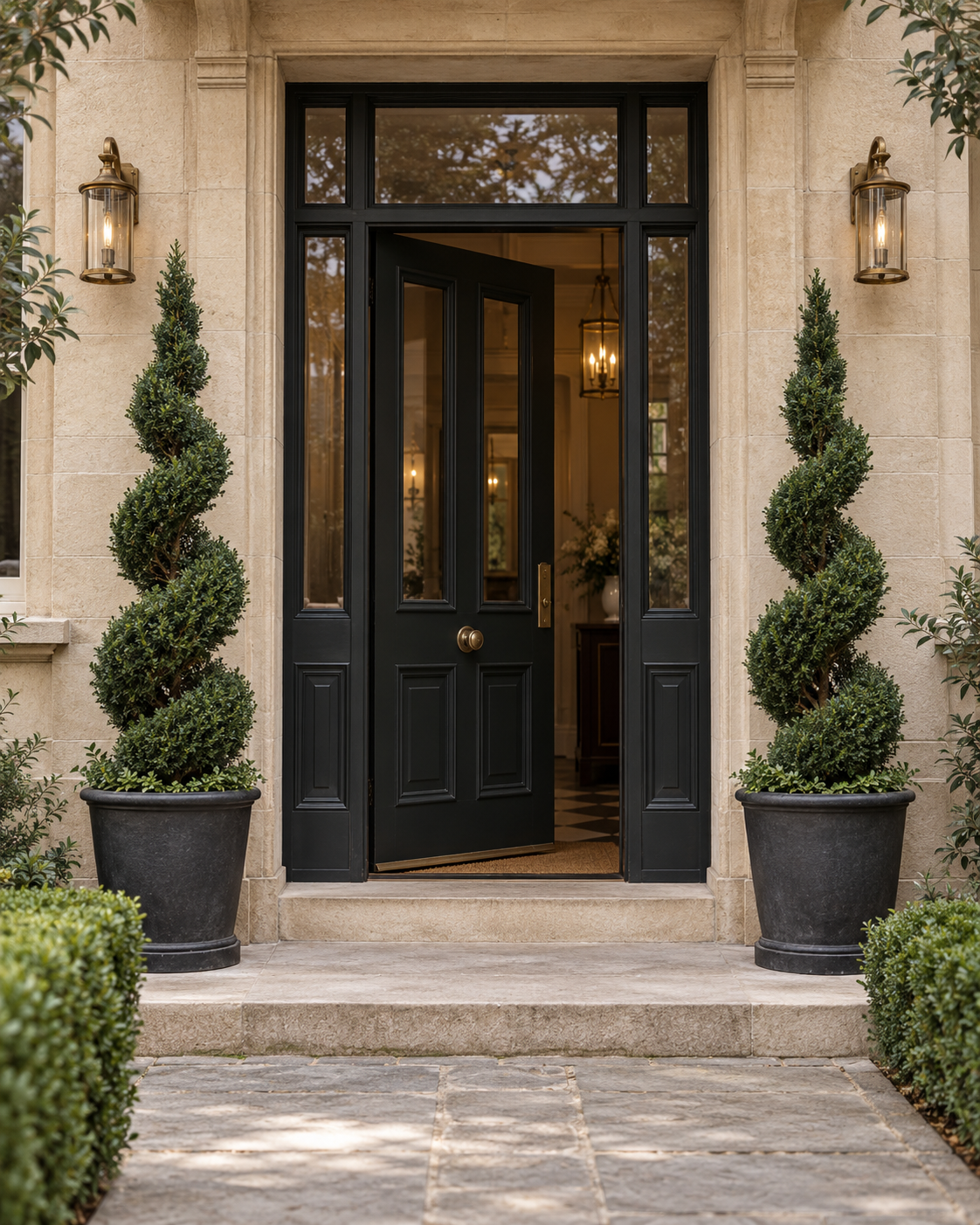 Pair of spiral topiary trees styling a hospitality entrance