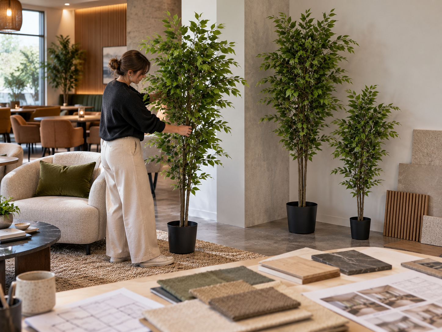 Artificial ficus tree styled in a considered interior
