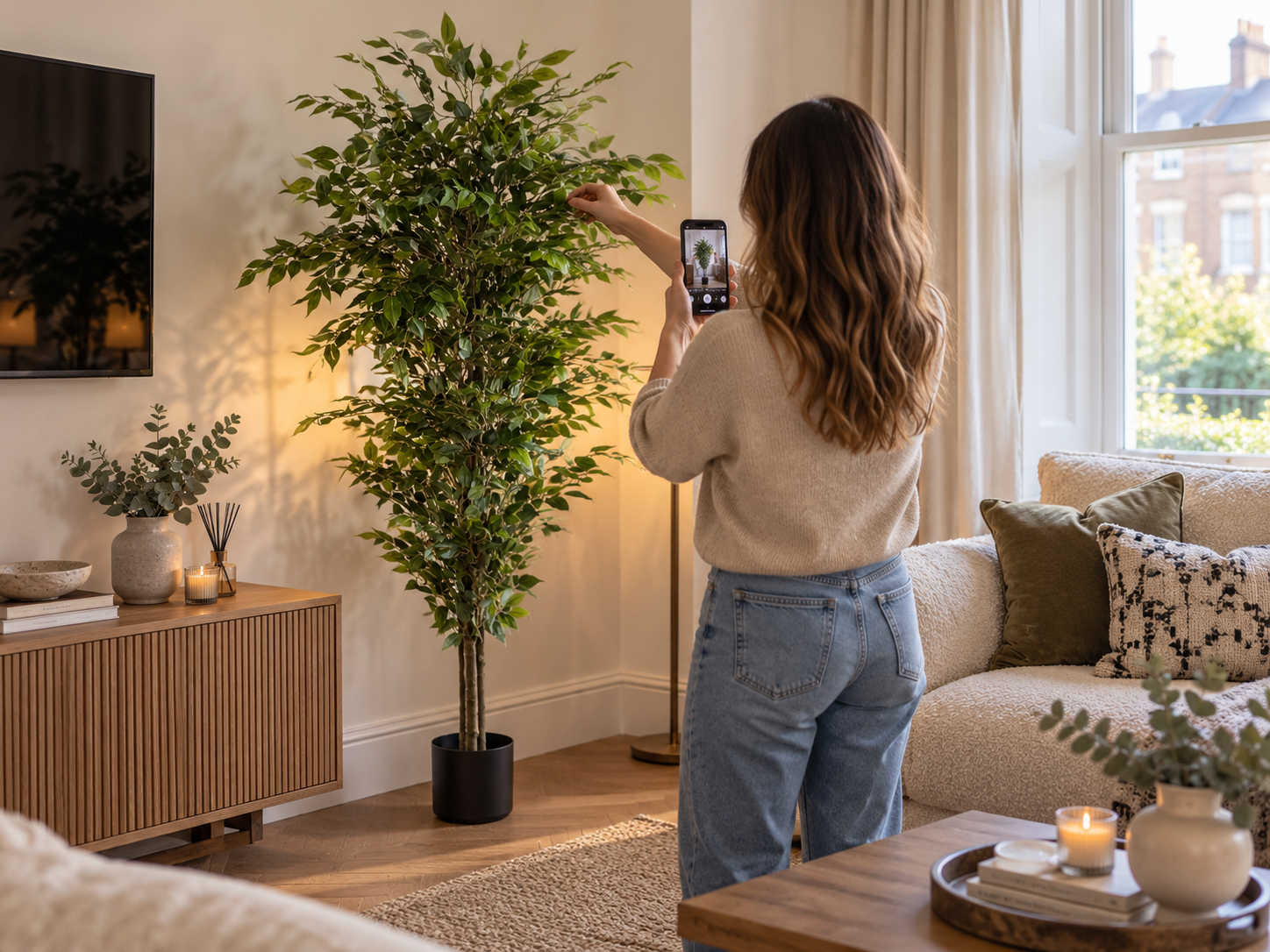 Short-let host dressing artificial ficus branches and checking the composition with a phone camera